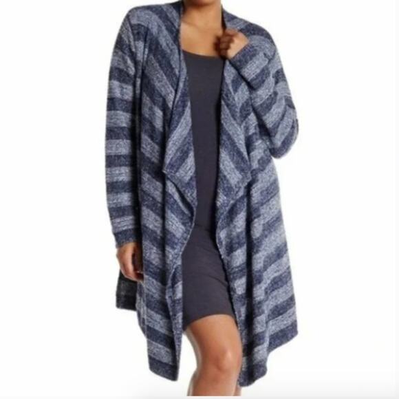 Barefoot Dreams CozyChic Lite Calypso Blue Striped Wrap Cardigan - Picture 1 of 7